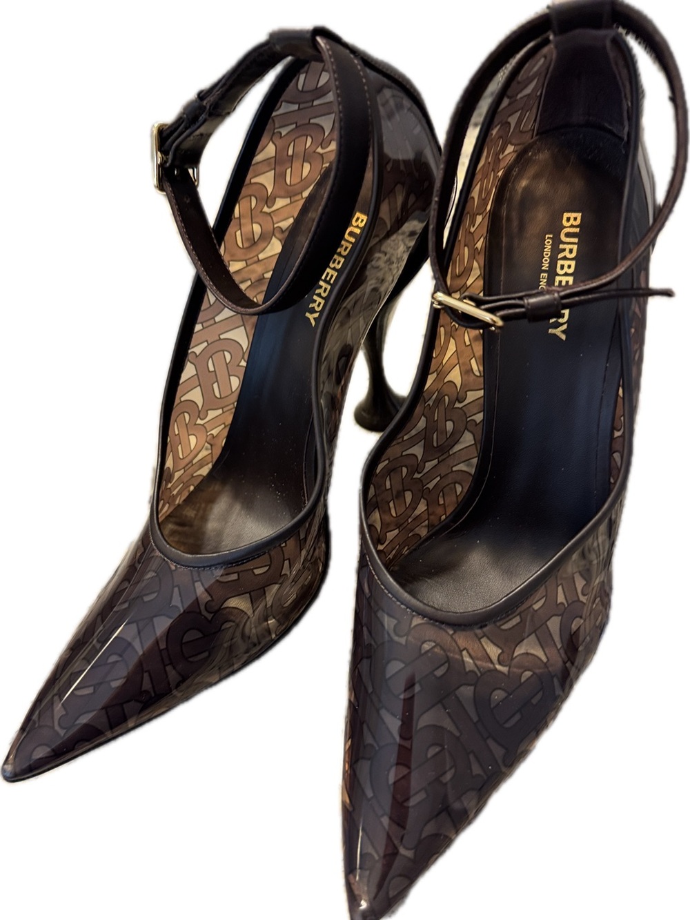 Burberry Dark Brown Monogram Pointed Ankle-Strap Pumps